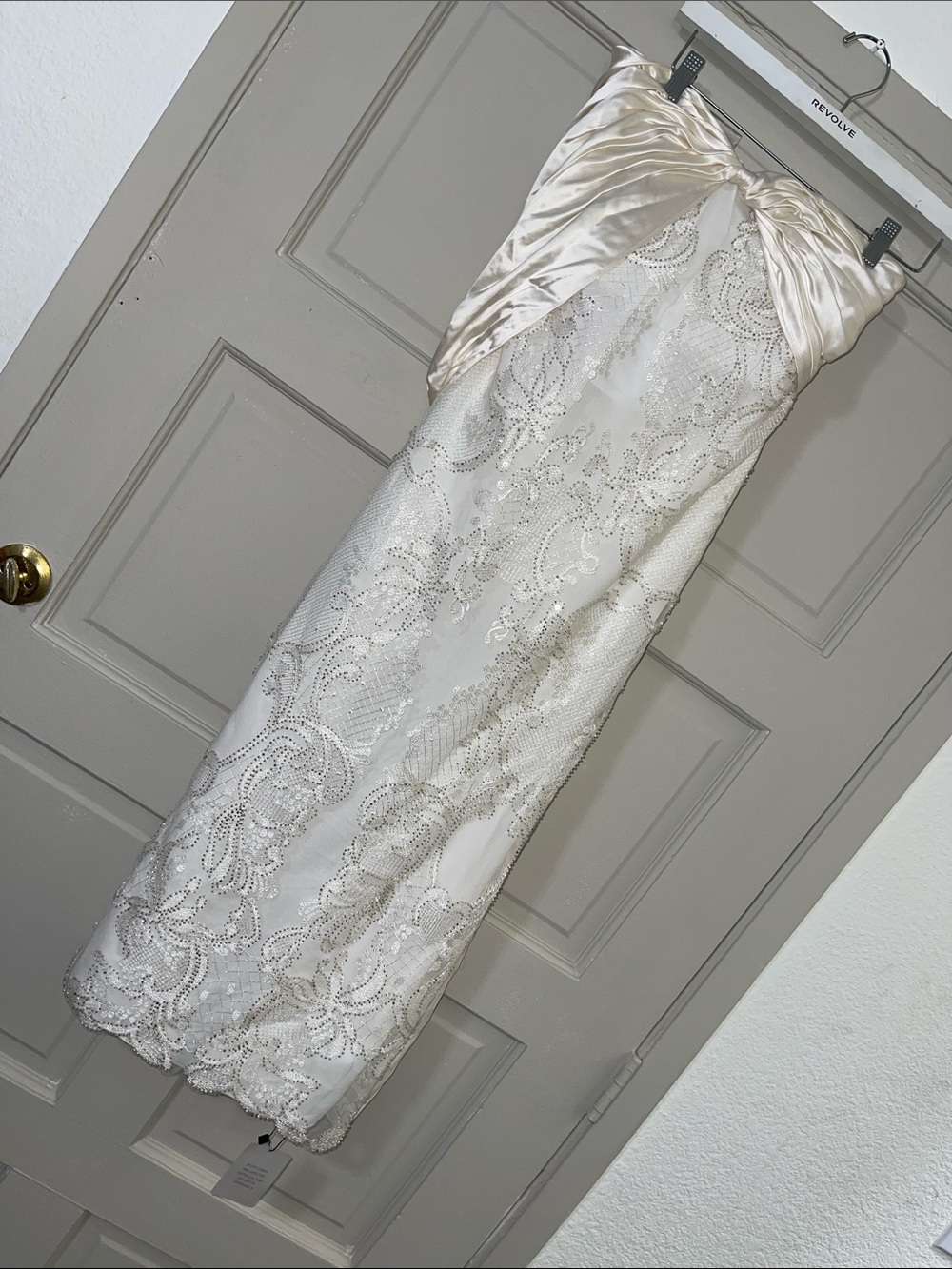 Lovers + Friends Strapless Satin Top Ivory Lace Column Dress